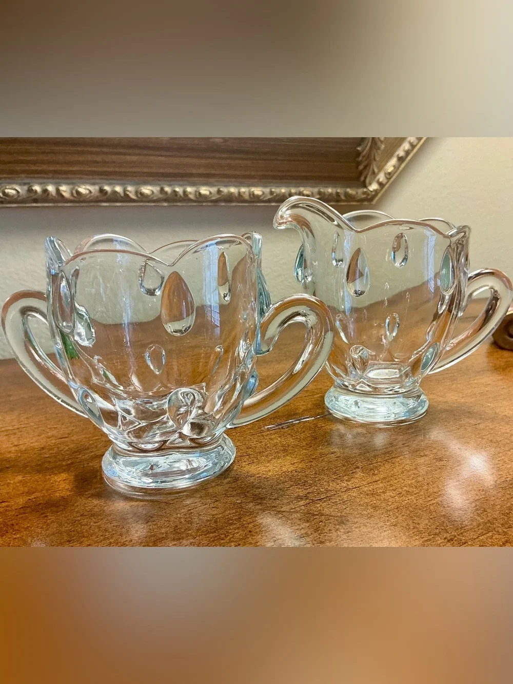 Most adorable Vintage Pressed Glass Sugar and Creamer Set-Teardrop Pattern
